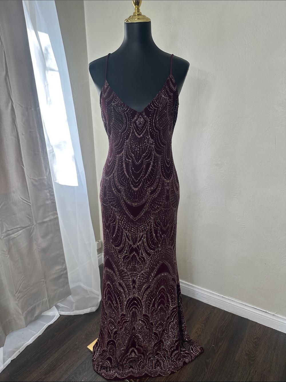 Jump Strapless-Style Beaded Evening Gown in Burgundy